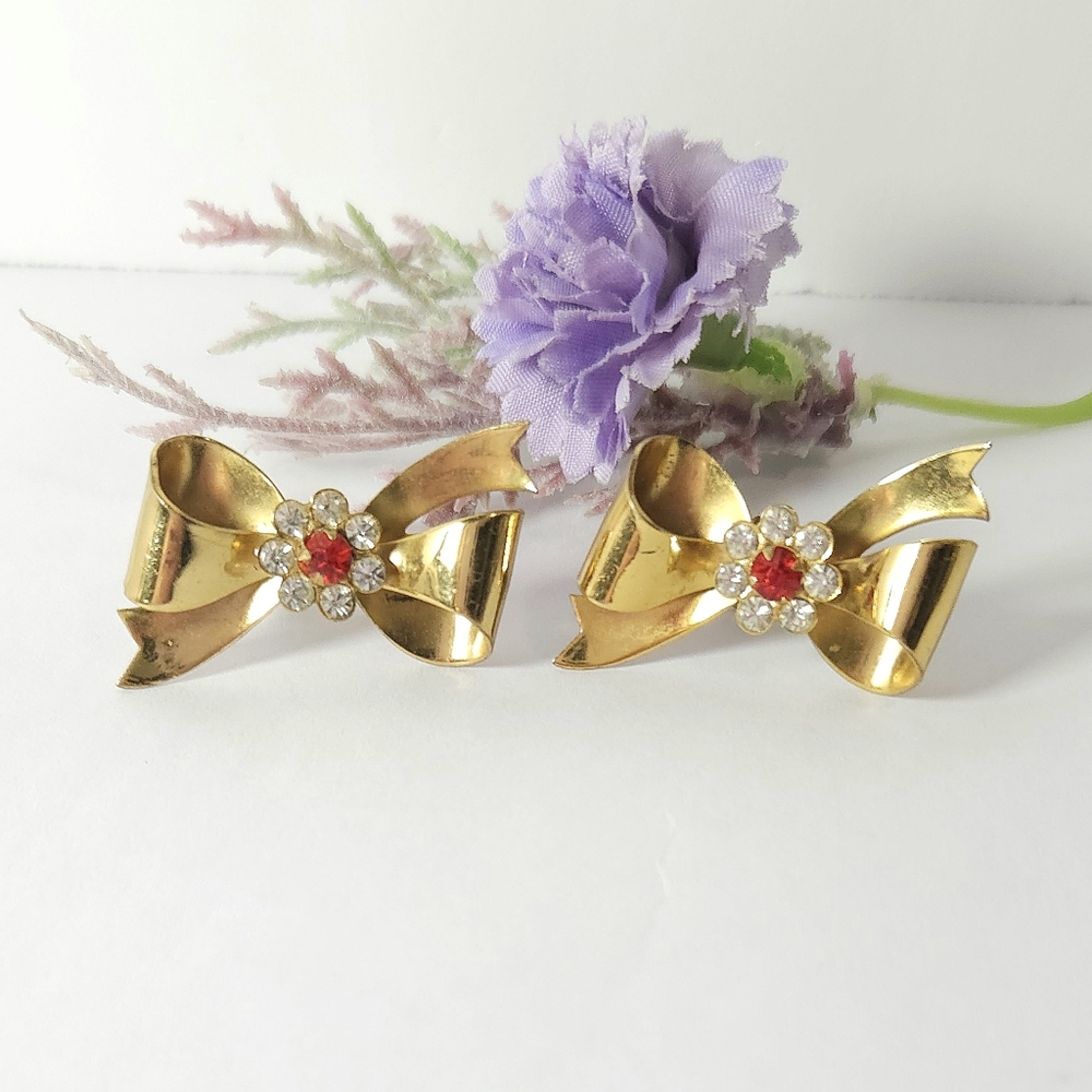 Vintage Coro Gold Plated Crystal Bow Screw Back Earrings